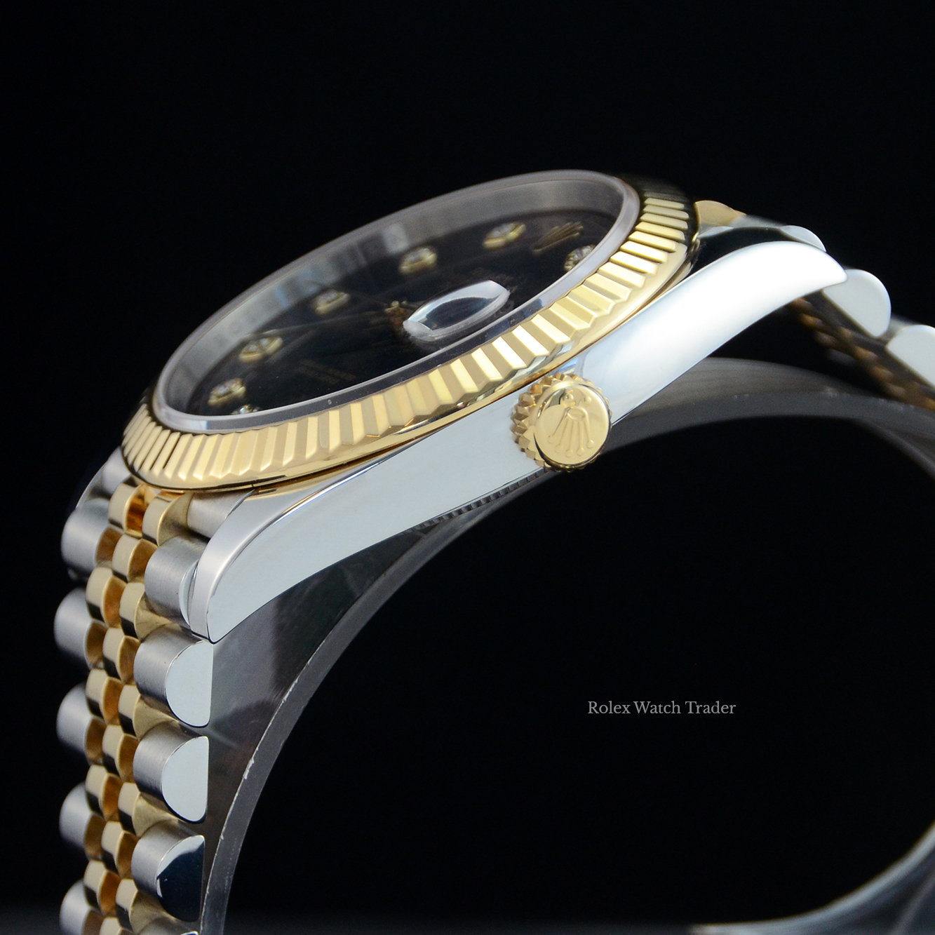 Crown detail Rolex Datejust 41 Bi-Metal Jubilee Black Diamond Set Dial 2020 U.K For Sale Available Purchase Buy Online with Part Exchange or Direct Sale Manchester North West England UK Great Britain Buy Today Free Next Day Delivery Warranty Luxury Watch Watches