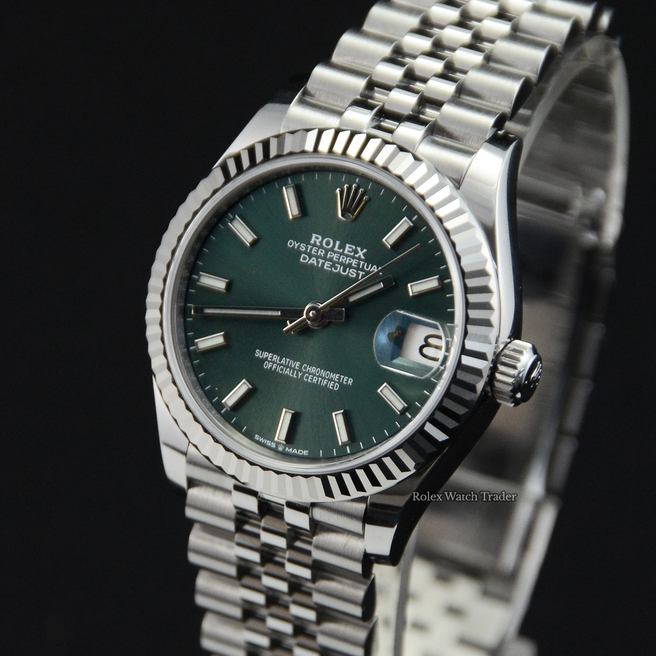 Dial detail, facing left Rolex Datejust 31 278274 Mint Green Dial Unworn 2021 For Sale Available Purchase Buy Online with Part Exchange or Direct Sale Manchester North West England UK Great Britain Buy Today Free Next Day Delivery Warranty Luxury Watch Watches