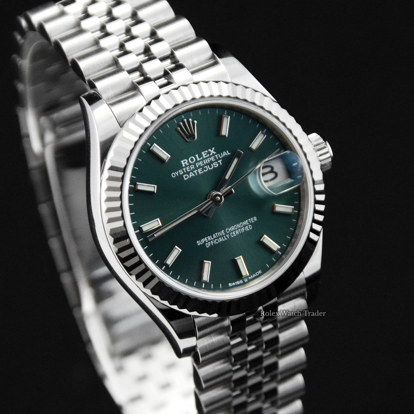 Dial detail, facing right Rolex Datejust 31 278274 Mint Green Dial Unworn 2021 For Sale Available Purchase Buy Online with Part Exchange or Direct Sale Manchester North West England UK Great Britain Buy Today Free Next Day Delivery Warranty Luxury Watch Watches