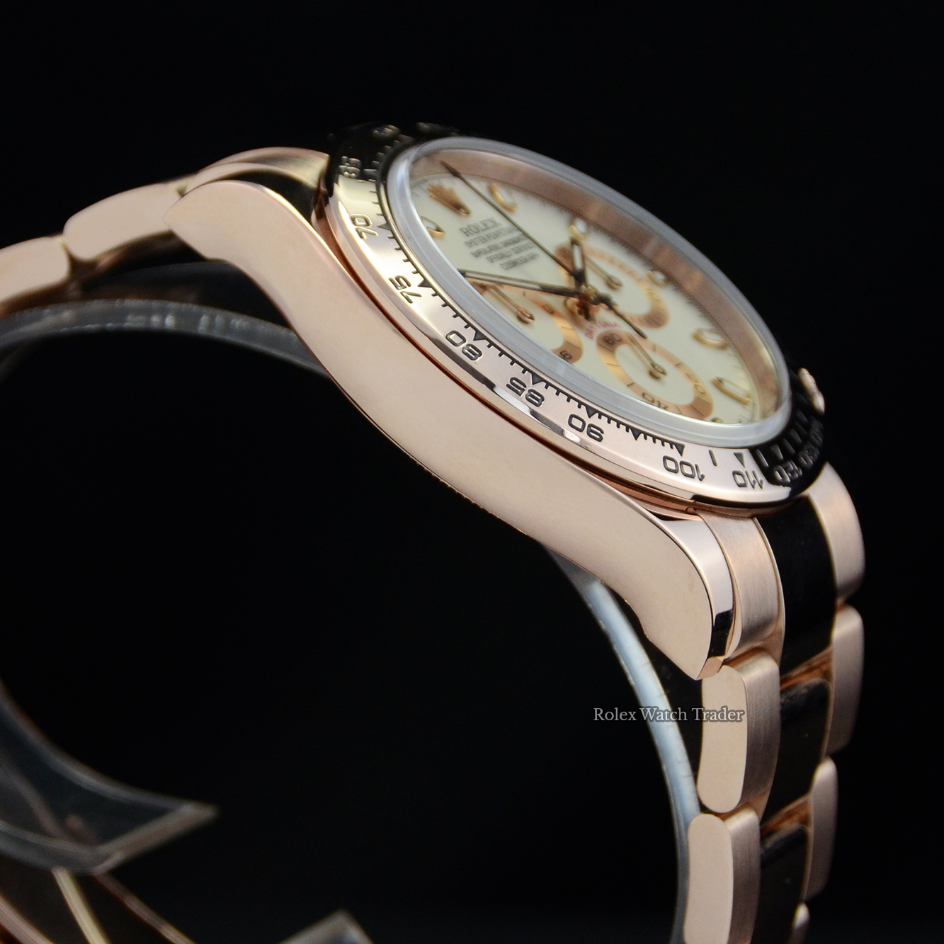 Non-winder case side detail Rolex Daytona 116505 Rose Gold with Ivory Dial 2019 Full Set For Sale Available Purchase Buy Online with Part Exchange or Direct Sale Manchester North West England UK Great Britain Buy Today Free Next Day Delivery Warranty Luxury Watch Watches