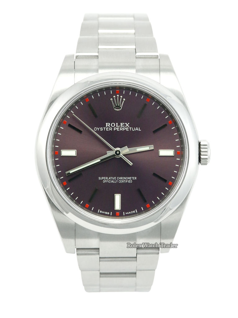 Rolex Oyster Perpetual 39 114300 Red Grape Dial 2018 For Sale Available Purchase Buy Online with Part Exchange or Direct Sale Manchester North West England UK Great Britain Buy Today Free Next Day Delivery Warranty Luxury Watch Watches