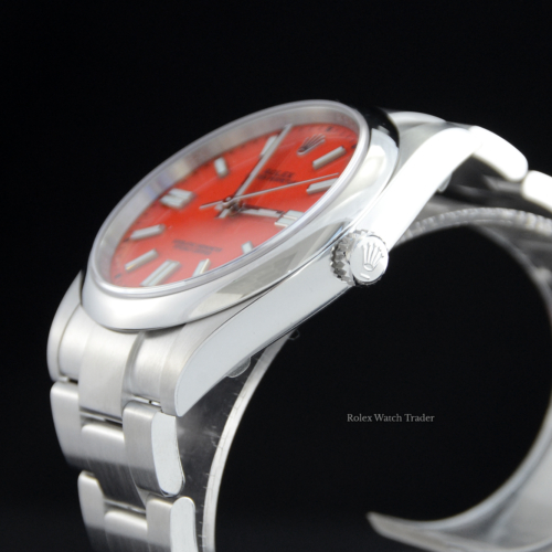 Rolex Oyster Perpetual 41 Coral Dial with Stickers Unworn Discontinued For Sale Available Purchase Buy Online with Part Exchange or Direct Sale Manchester North West England UK Great Britain Buy Today Free Next Day Delivery Warranty Luxury Watch Watches