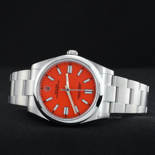 Rolex Oyster Perpetual 41 Coral Dial with Stickers Unworn Discontinued For Sale Available Purchase Buy Online with Part Exchange or Direct Sale Manchester North West England UK Great Britain Buy Today Free Next Day Delivery Warranty Luxury Watch Watches
