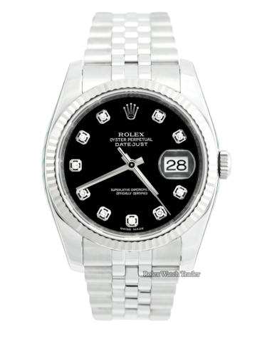 Rolex Datejust 36 116234 Black Diamond Dot Dial Serviced by Rolex For Sale Available Purchase Buy Online with Part Exchange or Direct Sale Manchester North West England UK Great Britain Buy Today Free Next Day Delivery Warranty Luxury Watch Watches