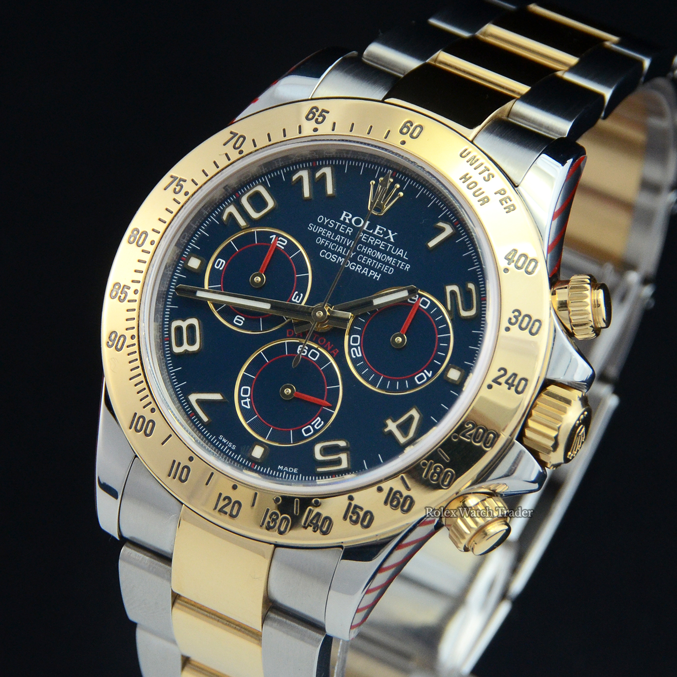 Dial detail, facing left Rolex Daytona 116523 Bi-Metal Rolex Service Unworn with Service Stickers For Sale Available Purchase Buy Online with Part Exchange or Direct Sale Manchester North West England UK Great Britain Buy Today Free Next Day Delivery Warranty Luxury Watch Watches