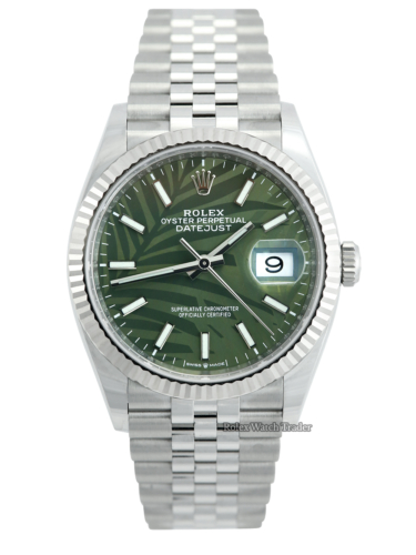 Rolex Datejust 36 126234 Palm Dial Unworn For Sale Available Purchase Buy Online with Part Exchange or Direct Sale Manchester North West England UK Great Britain Buy Today Free Next Day Delivery Warranty Luxury Watch Watches