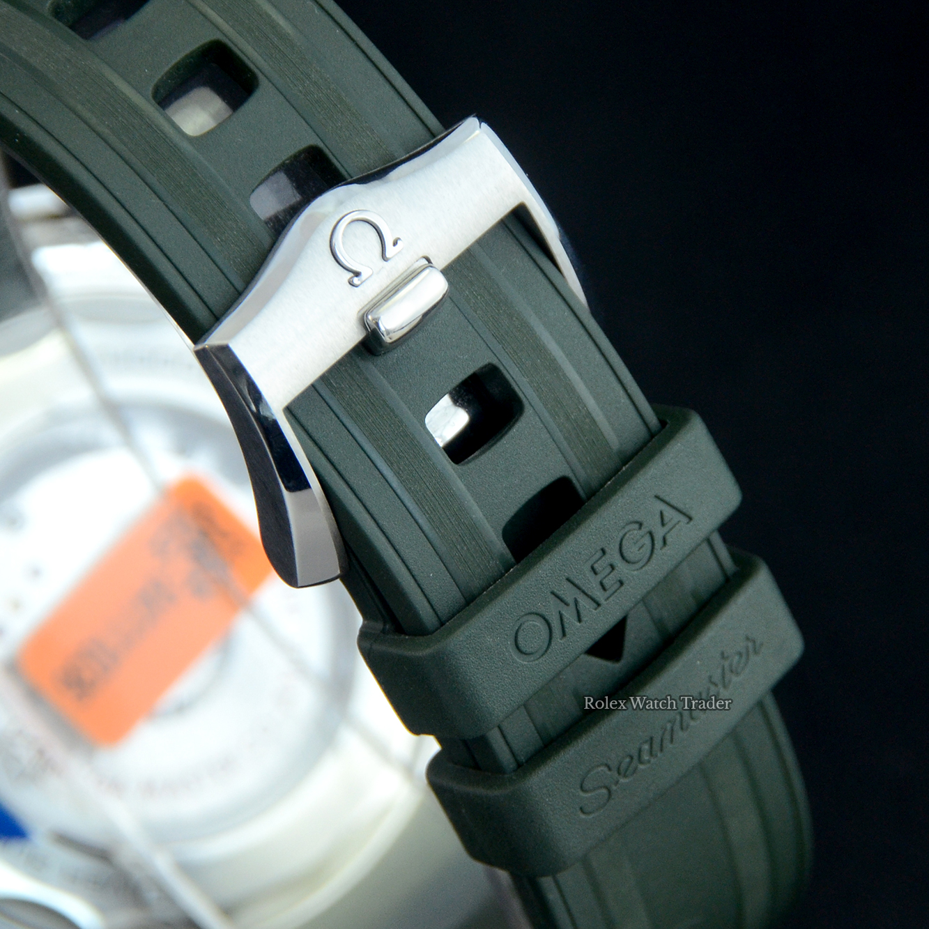 Clasp detail Omega Diver 300M Co‑Axial Master Chronometer 42mm 2022 Unworn Green Dial For Sale Available Purchase Buy Online with Part Exchange or Direct Sale Manchester North West England UK Great Britain Buy Today Free Next Day Delivery Warranty Luxury Watch Watches