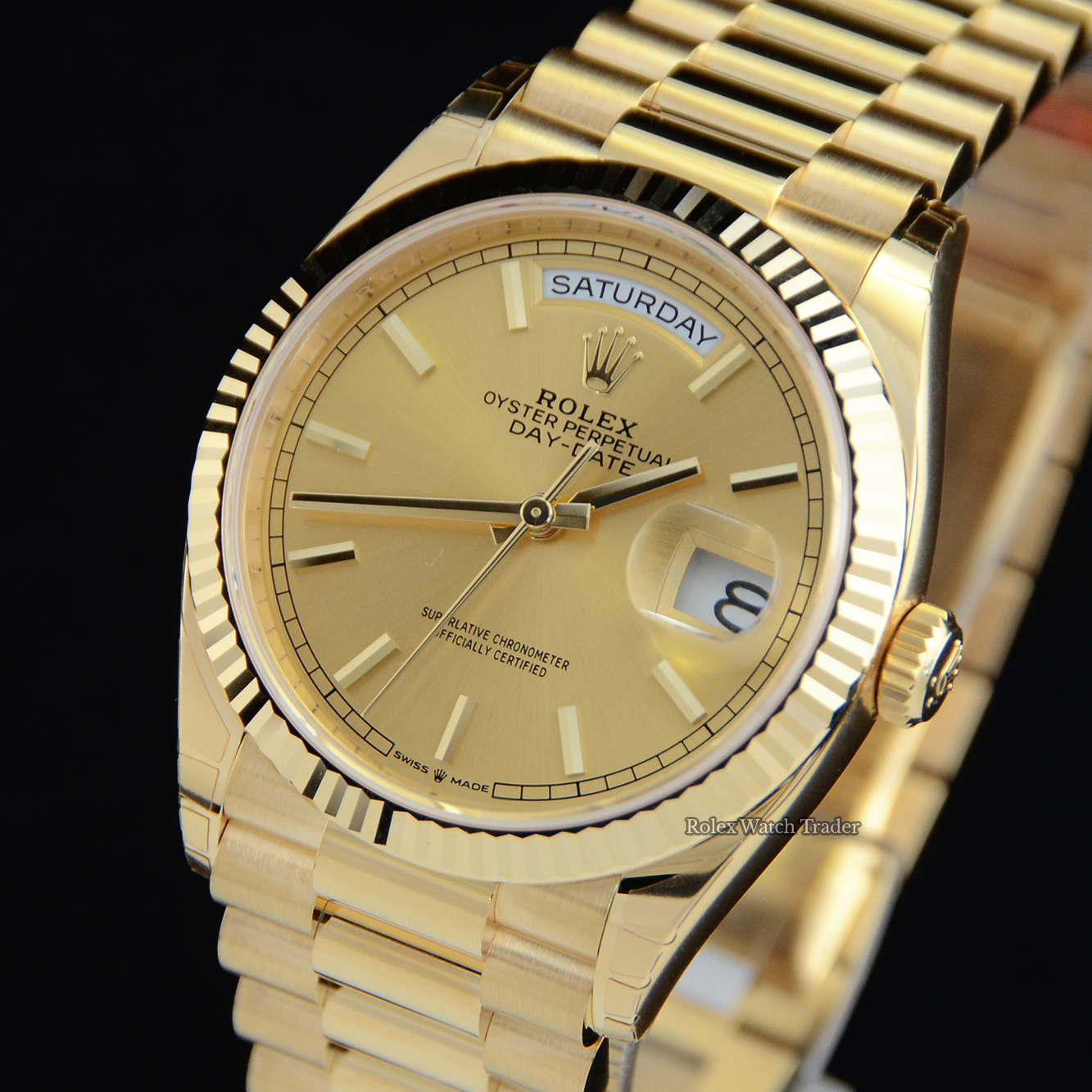 Dial detail, facing left Rolex Day-Date 36mm 128238 Unworn 2022 Fully Stickered For Sale Available Purchase Buy Online with Part Exchange or Direct Sale Manchester North West England UK Great Britain Buy Today Free Next Day Delivery Warranty Luxury Watch Watches