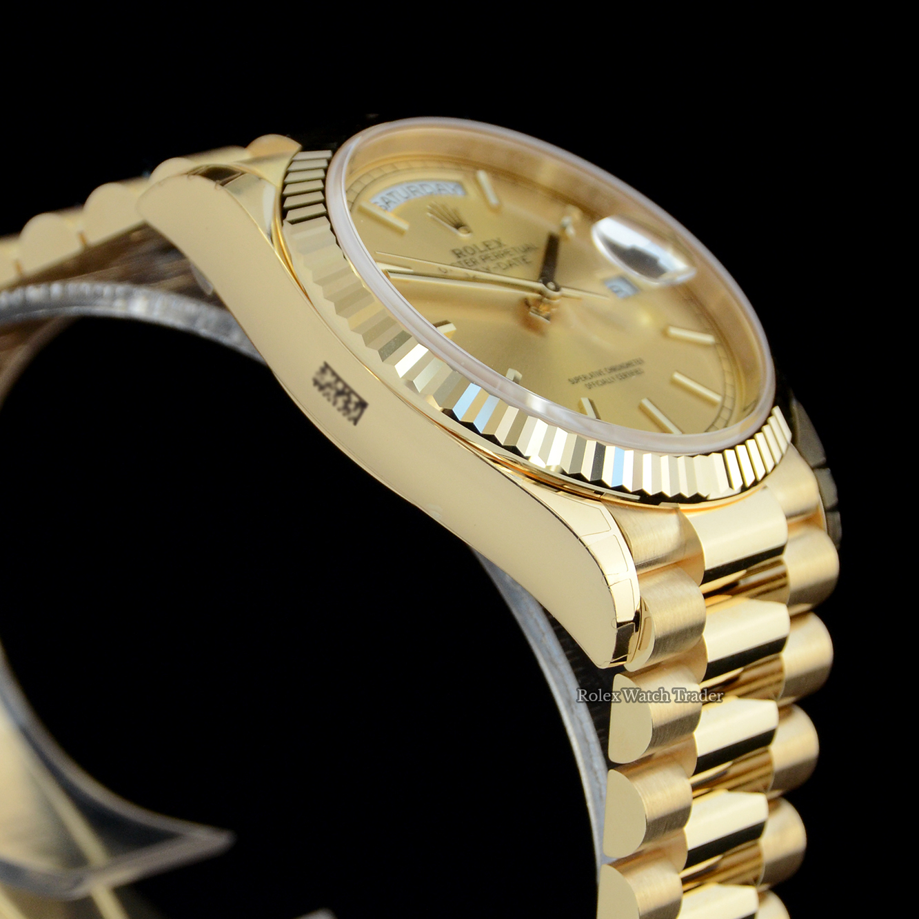 Non-winder case side detail Rolex Day-Date 36mm 128238 Unworn 2022 Fully Stickered For Sale Available Purchase Buy Online with Part Exchange or Direct Sale Manchester North West England UK Great Britain Buy Today Free Next Day Delivery Warranty Luxury Watch Watches