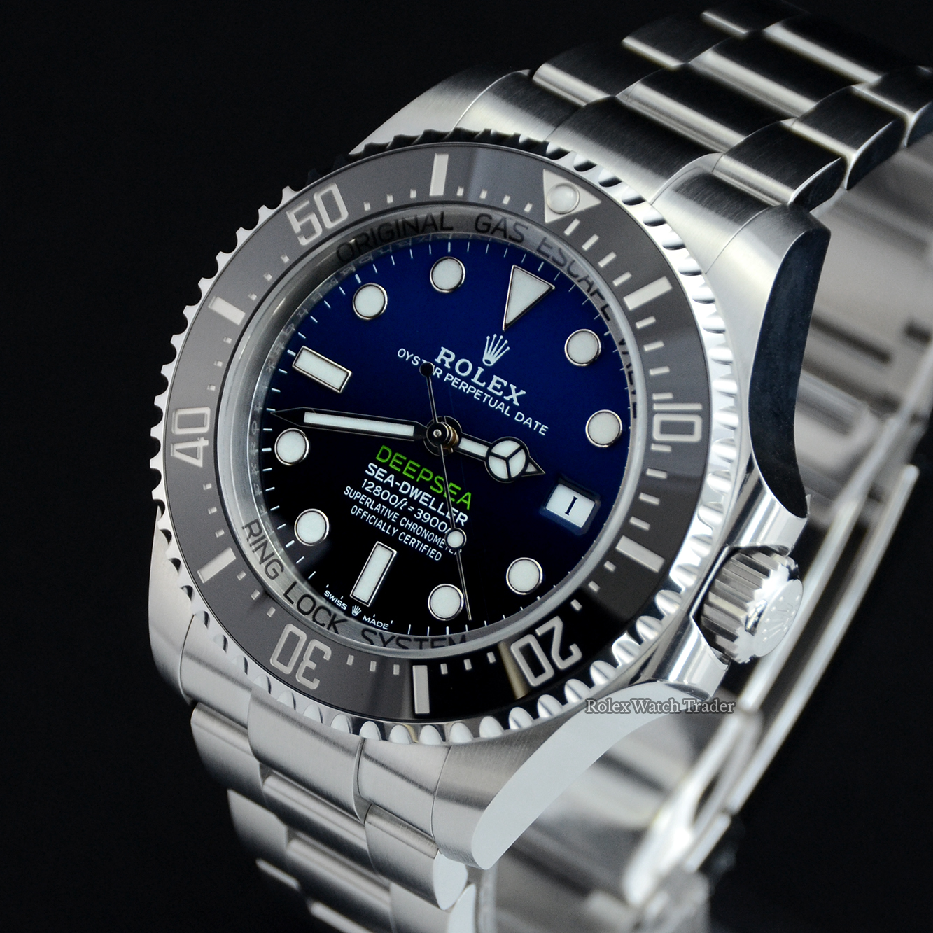 Dial detail, facing left Rolex Sea-dweller Deepsea 136660 Unworn 2022 For Sale Available Purchase Buy Online with Part Exchange or Direct Sale Manchester North West England UK Great Britain Buy Today Free Next Day Delivery Warranty Luxury Watch Watches