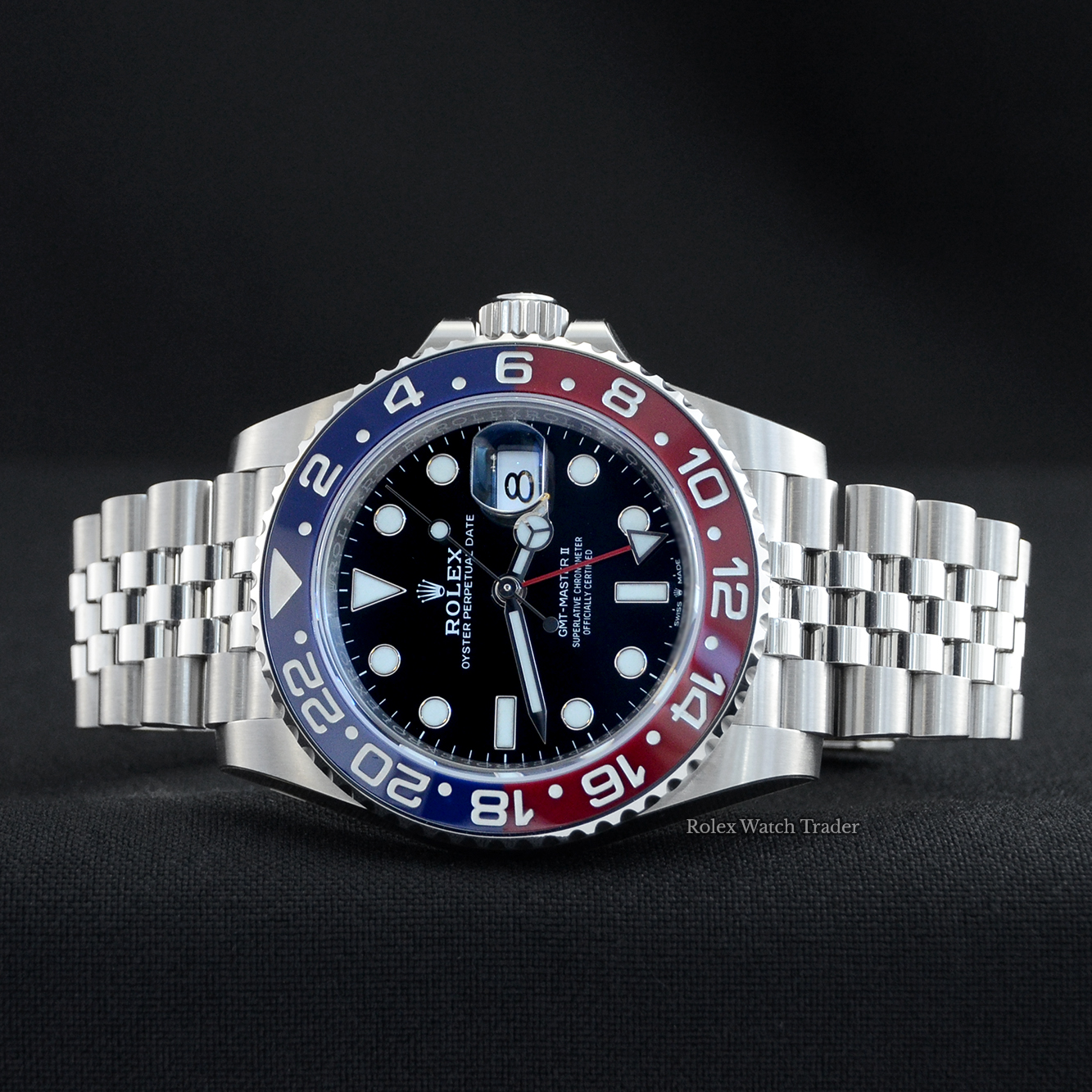 Overview of the watch resting on its case side Rolex GMT-Master II 126710BLRO Oyster "PEPSI" UK 2019 Unworn Full Stickers For Sale Available Purchase Buy Online with Part Exchange or Direct Sale Manchester North West England UK Great Britain Buy Today Free Next Day Delivery Warranty Luxury Watch Watches