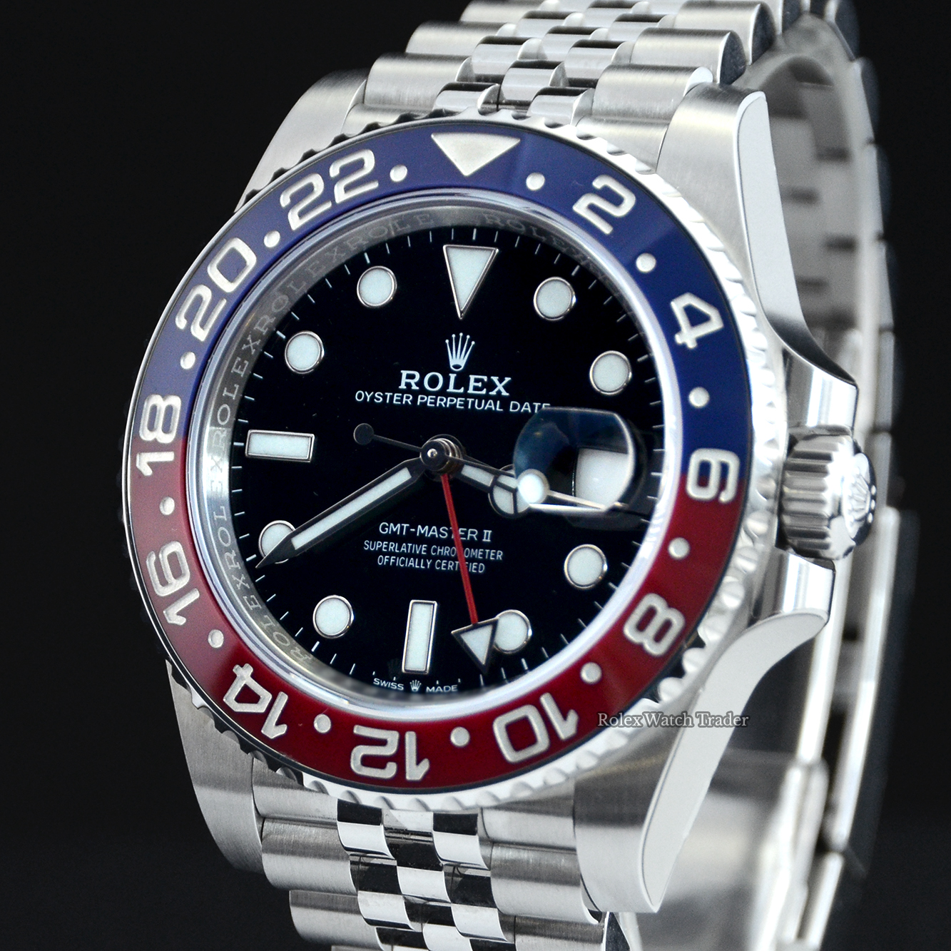 Dial detail, facing left Rolex GMT-Master II 126710BLRO Oyster "PEPSI" UK 2019 Unworn Full Stickers For Sale Available Purchase Buy Online with Part Exchange or Direct Sale Manchester North West England UK Great Britain Buy Today Free Next Day Delivery Warranty Luxury Watch Watches