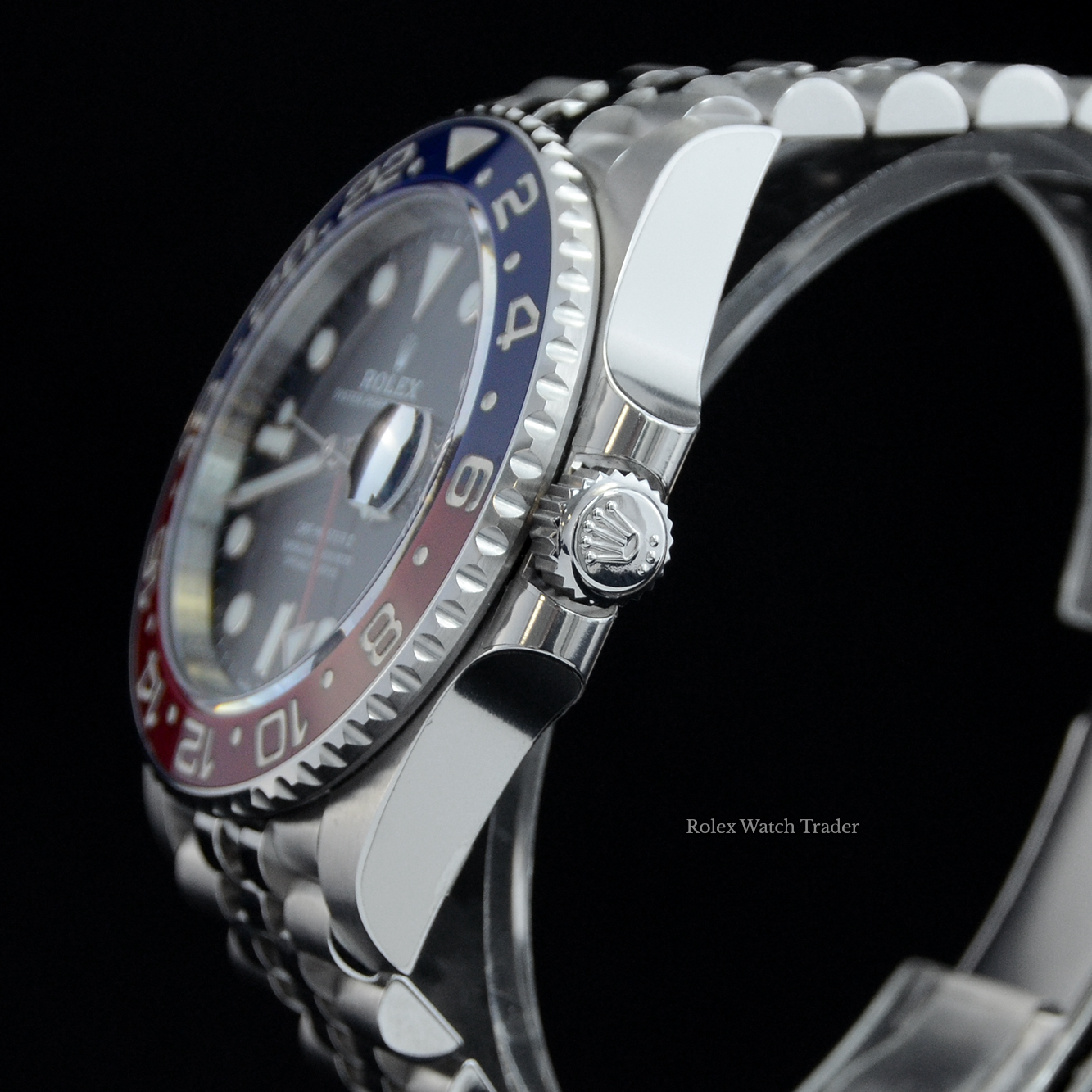 Crown detail Rolex GMT-Master II 126710BLRO Oyster "PEPSI" UK 2019 Unworn Full Stickers For Sale Available Purchase Buy Online with Part Exchange or Direct Sale Manchester North West England UK Great Britain Buy Today Free Next Day Delivery Warranty Luxury Watch Watches