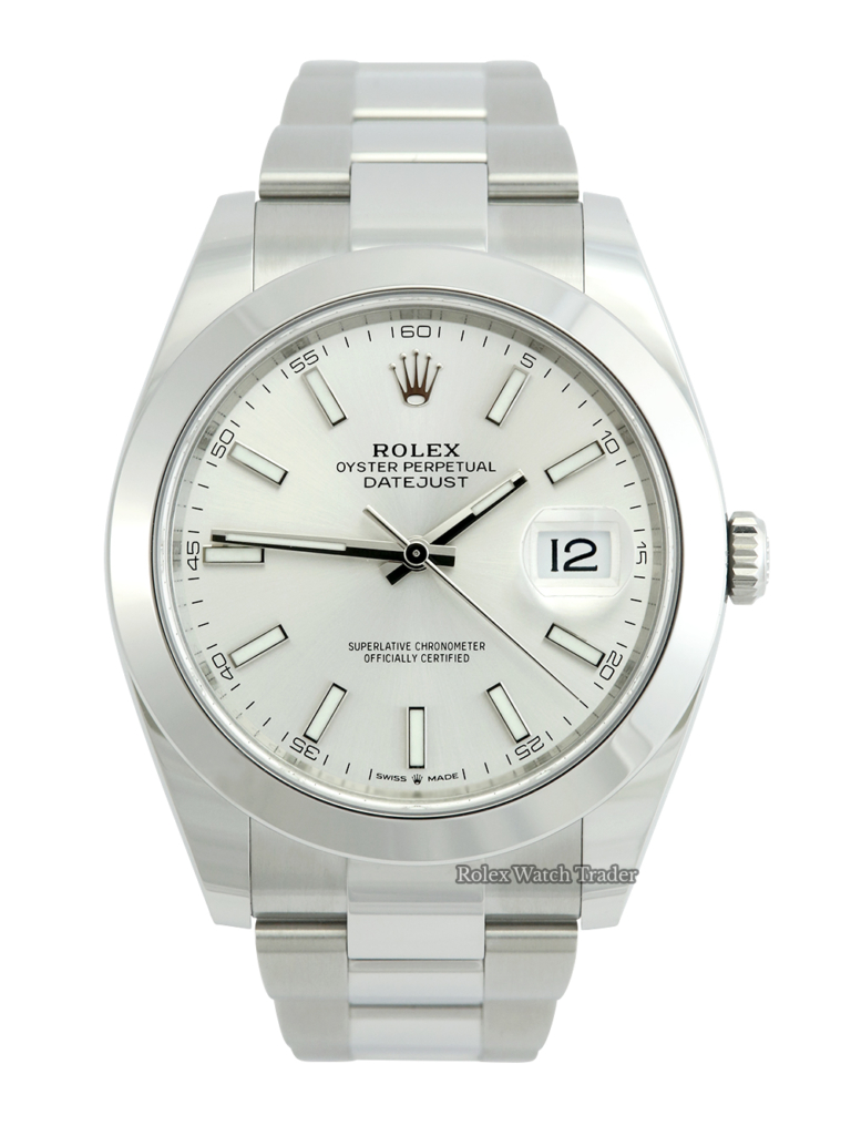 Rolex Datejust 41 126300 Silver Baton Smooth Bezel Unworn 2022 For Sale Available Purchase Buy Online with Part Exchange or Direct Sale Manchester North West England UK Great Britain Buy Today Free Next Day Delivery Warranty Luxury Watch Watches