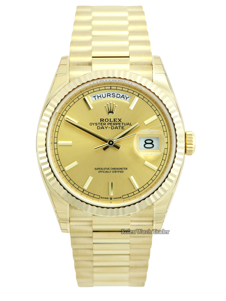Rolex Day-Date 36mm 128238 Unworn 2022 Fully Stickered For Sale Available Purchase Buy Online with Part Exchange or Direct Sale Manchester North West England UK Great Britain Buy Today Free Next Day Delivery Warranty Luxury Watch Watches