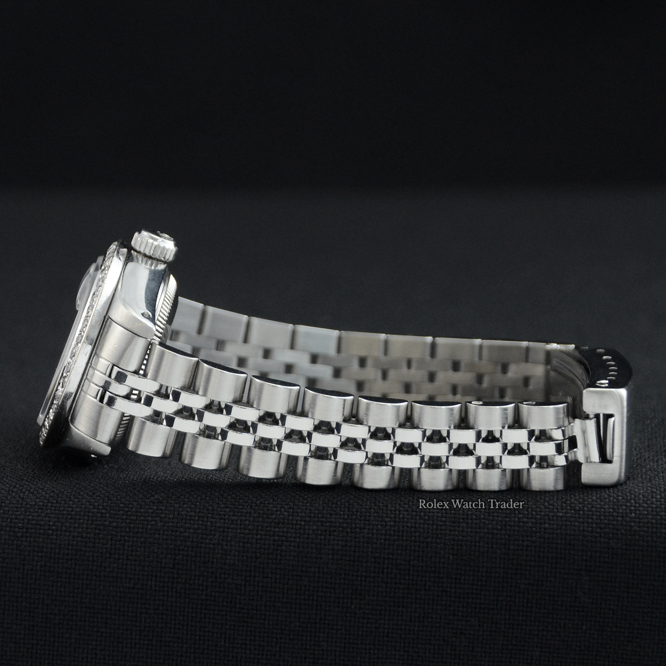 12 o'clock bracelet side Rolex Lady-Datejust 26mm 69174 Gem Set Bezel Black Diamond Dot Dial For Sale Available Purchase Buy Online with Part Exchange or Direct Sale Manchester North West England UK Great Britain Buy Today Free Next Day Delivery Warranty Luxury Watch Watches