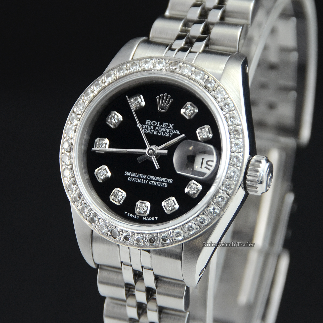 Dial detail, facing left Rolex Lady-Datejust 26mm 69174 Gem Set Bezel Black Diamond Dot Dial For Sale Available Purchase Buy Online with Part Exchange or Direct Sale Manchester North West England UK Great Britain Buy Today Free Next Day Delivery Warranty Luxury Watch Watches