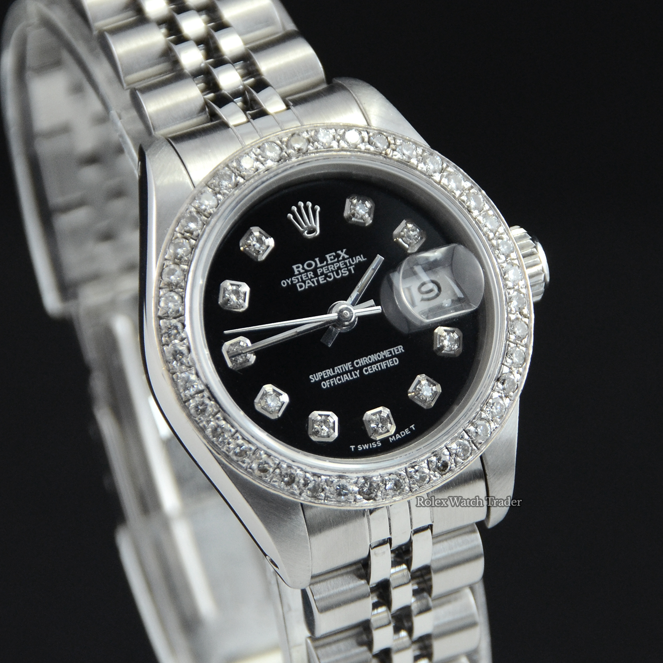 Dial detail, facing right Rolex Lady-Datejust 26mm 69174 Gem Set Bezel Black Diamond Dot Dial For Sale Available Purchase Buy Online with Part Exchange or Direct Sale Manchester North West England UK Great Britain Buy Today Free Next Day Delivery Warranty Luxury Watch Watches