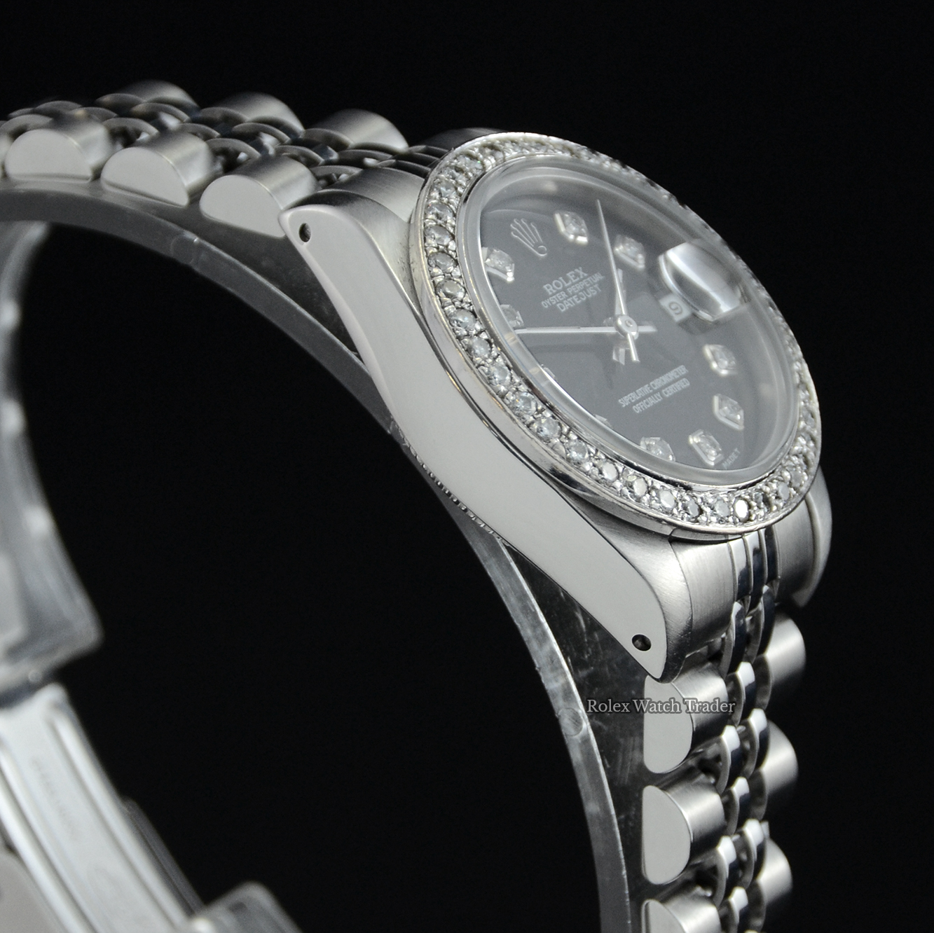 Non-winder case side detail Rolex Lady-Datejust 26mm 69174 Gem Set Bezel Black Diamond Dot Dial For Sale Available Purchase Buy Online with Part Exchange or Direct Sale Manchester North West England UK Great Britain Buy Today Free Next Day Delivery Warranty Luxury Watch Watches
