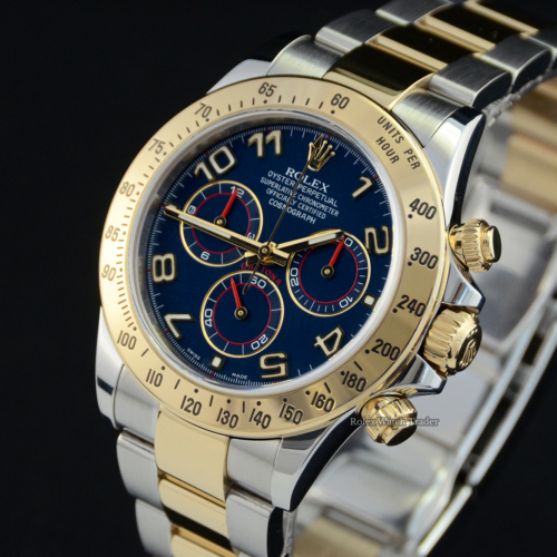 Rolex Daytona 116523 Rare Blue Racing Arabic Dial Discontinued Complete Set For Sale Available Purchase Buy Online with Part Exchange or Direct Sale Manchester North West England UK Great Britain Buy Today Free Next Day Delivery Warranty Luxury Watch Watches