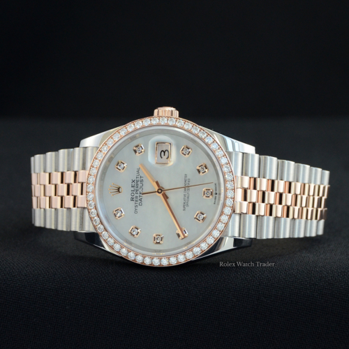 Rolex Datejust 36 126281RBR White Mother of Pearl Diamond Dot Dial with a Diamond Bezel full set For Sale Available Purchase Buy Online with Part Exchange or Direct Sale Manchester North West England UK Great Britain Buy Today Free Next Day Delivery Warranty Luxury Watch Watches