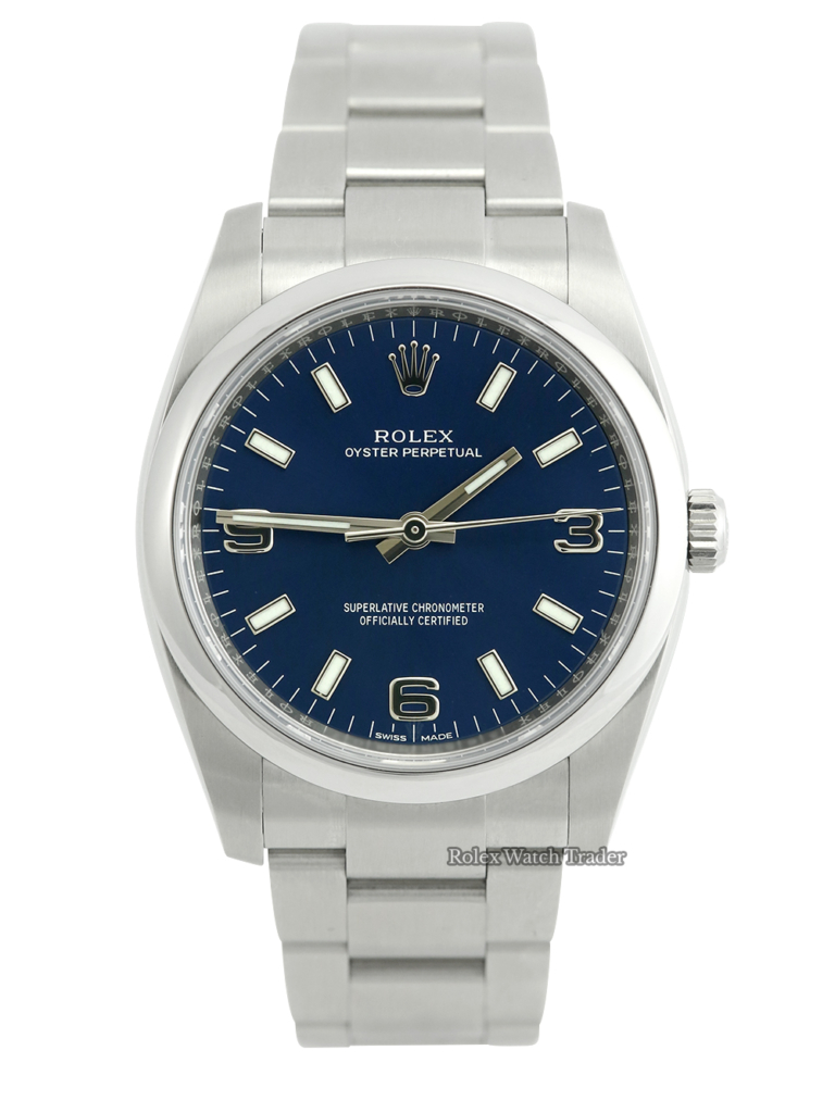 Rolex Oyster Perpetual 34 Blue Dial Full Set For Sale Available Purchase Buy Online with Part Exchange or Direct Sale Manchester North West England UK Great Britain Buy Today Free Next Day Delivery Warranty Luxury Watch Watches