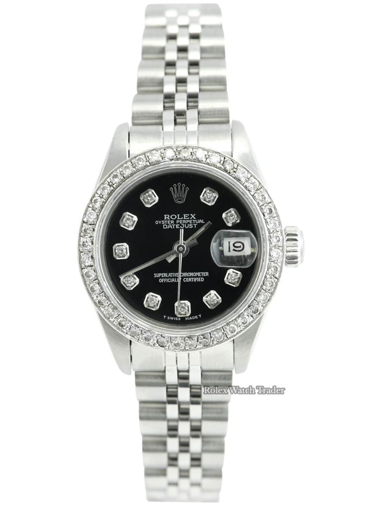 Rolex Lady-Datejust 26mm 69174 Gem Set Bezel Black Diamond Dot Dial For Sale Available Purchase Buy Online with Part Exchange or Direct Sale Manchester North West England UK Great Britain Buy Today Free Next Day Delivery Warranty Luxury Watch Watches