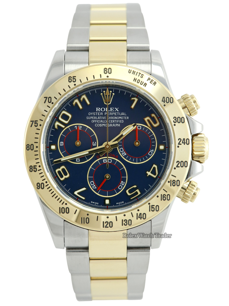 Rolex Daytona 116523 Rare Blue Racing Arabic Dial Discontinued Complete Set For Sale Available Purchase Buy Online with Part Exchange or Direct Sale Manchester North West England UK Great Britain Buy Today Free Next Day Delivery Warranty Luxury Watch Watches