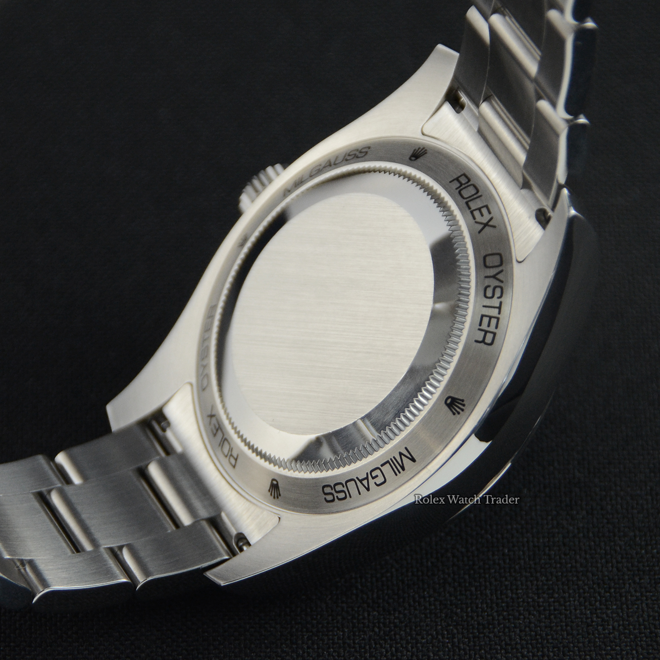 Case back detail Rolex Milgauss 116400GV Black Dial 2022 Unworn For Sale Available Purchase Buy Online with Part Exchange or Direct Sale Manchester North West England UK Great Britain Buy Today Free Next Day Delivery Warranty Luxury Watch Watches