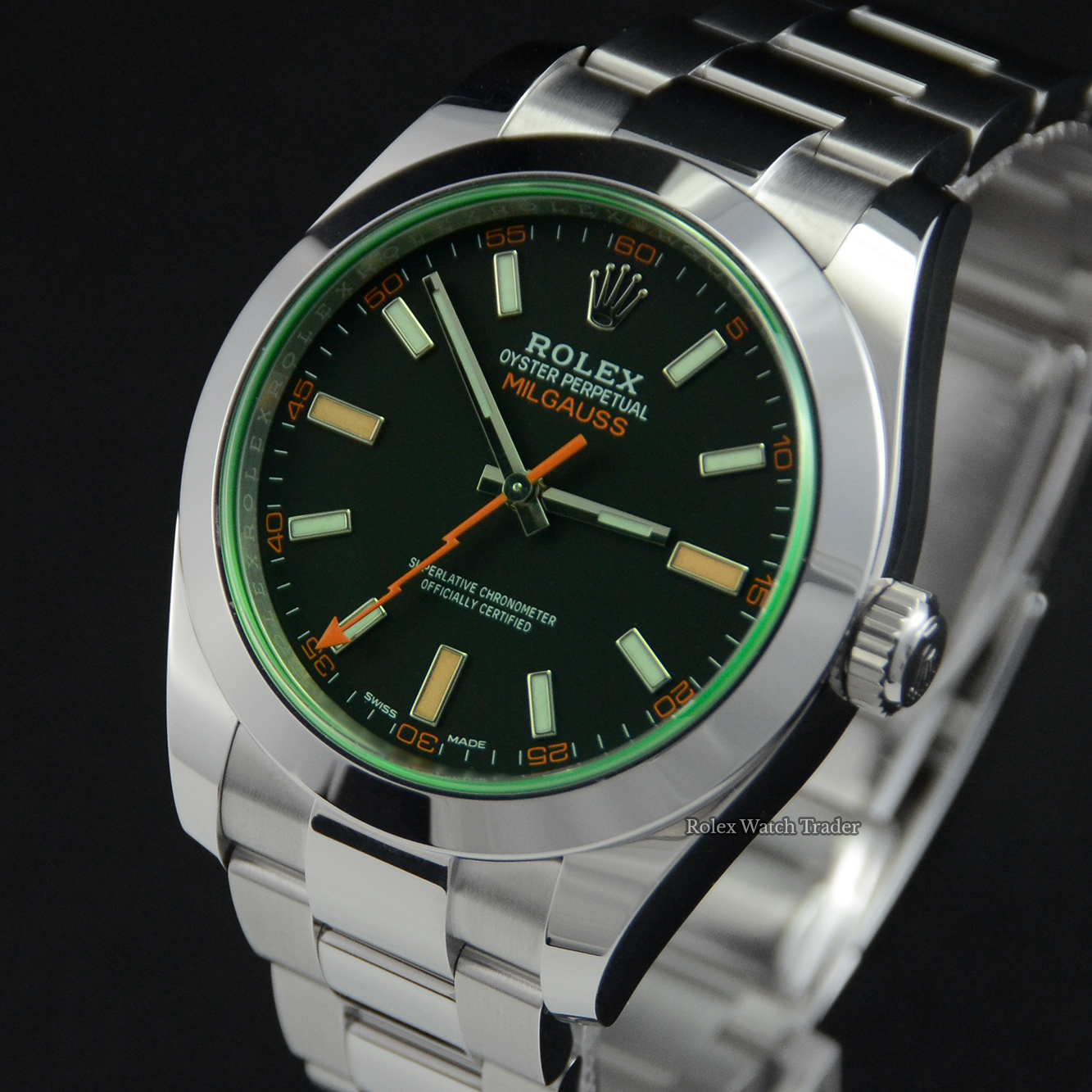 Dial detail, facing left Rolex Milgauss 116400GV Black Dial 2022 Unworn For Sale Available Purchase Buy Online with Part Exchange or Direct Sale Manchester North West England UK Great Britain Buy Today Free Next Day Delivery Warranty Luxury Watch Watches