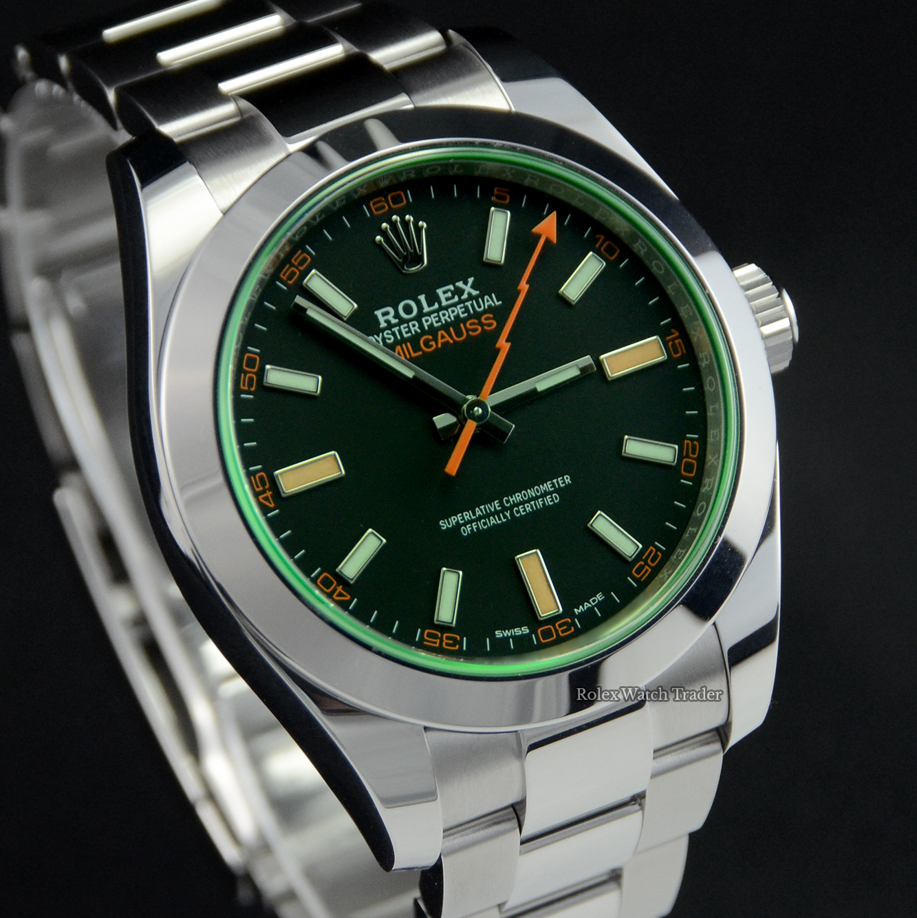 Dial detail, facing right Rolex Milgauss 116400GV Black Dial 2022 Unworn For Sale Available Purchase Buy Online with Part Exchange or Direct Sale Manchester North West England UK Great Britain Buy Today Free Next Day Delivery Warranty Luxury Watch Watches