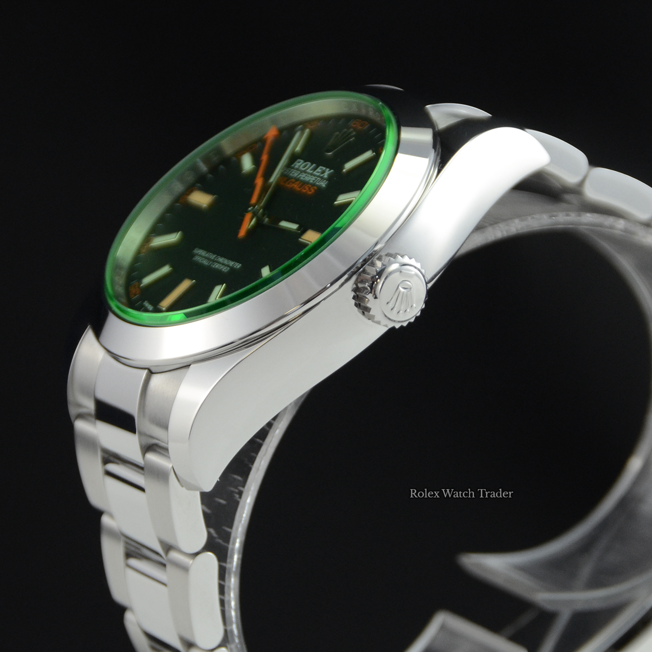 Crown detail Rolex Milgauss 116400GV Black Dial 2022 Unworn For Sale Available Purchase Buy Online with Part Exchange or Direct Sale Manchester North West England UK Great Britain Buy Today Free Next Day Delivery Warranty Luxury Watch Watches