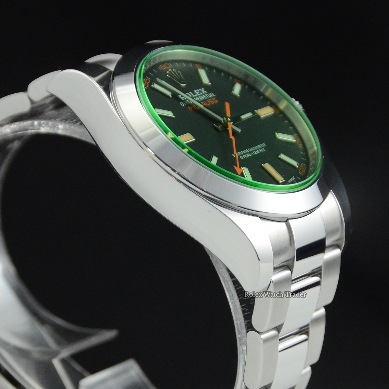 Non-winder case side detail Rolex Milgauss 116400GV Black Dial 2022 Unworn For Sale Available Purchase Buy Online with Part Exchange or Direct Sale Manchester North West England UK Great Britain Buy Today Free Next Day Delivery Warranty Luxury Watch Watches