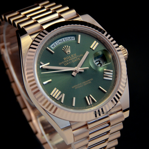 Rolex Day-Date 40 Olive Roman Numeral Day-Date 40 228235 Unworn November 2022 some Stickers Full Set For Sale Available Purchase Buy Online with Part Exchange or Direct Sale Manchester North West England UK Great Britain Buy Today Free Next Day Delivery Warranty Luxury Watch Watches