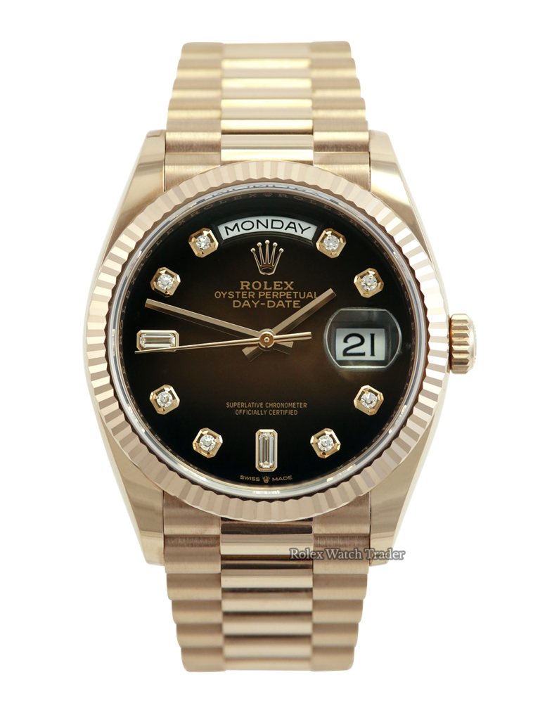 Rolex Day-Date 36 36mm 128235 Rose Gold Gem Set Choc Dial Complete Set For Sale Available Purchase Buy Online with Part Exchange or Direct Sale Manchester North West England UK Great Britain Buy Today Free Next Day Delivery Warranty Luxury Watch Watches