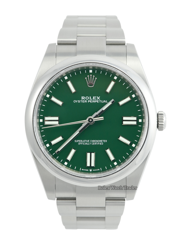 Rolex Oyster Perpetual 41 124300 Green Dial Unworn 2021 UK with original invoice For Sale Available Purchase Buy Online with Part Exchange or Direct Sale Manchester North West England UK Great Britain Buy Today Free Next Day Delivery Warranty Luxury Watch Watches
