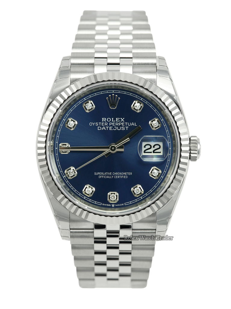 Rolex Datejust 36 126234 Blue Diamond Dot Dial with full stickers November 2022 Unworn Unsized For Sale Available Purchase Buy Online with Part Exchange or Direct Sale Manchester North West England UK Great Britain Buy Today Free Next Day Delivery Warranty Luxury Watch Watches