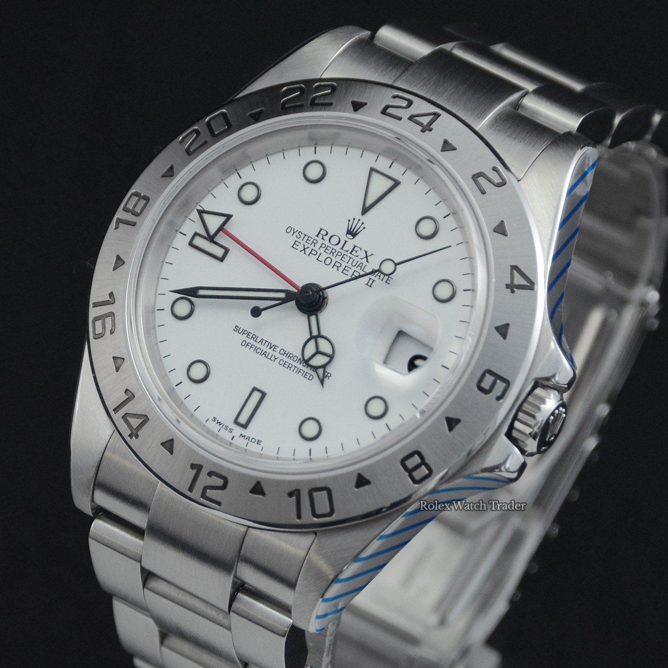 Dial detail, facing left Rolex Explorer II 16570 40mm White Dial Serviced by Rolex Unworn Since For Sale Available Purchase Buy Online with Part Exchange or Direct Sale Manchester North West England UK Great Britain Buy Today Free Next Day Delivery Warranty Luxury Watch Watches