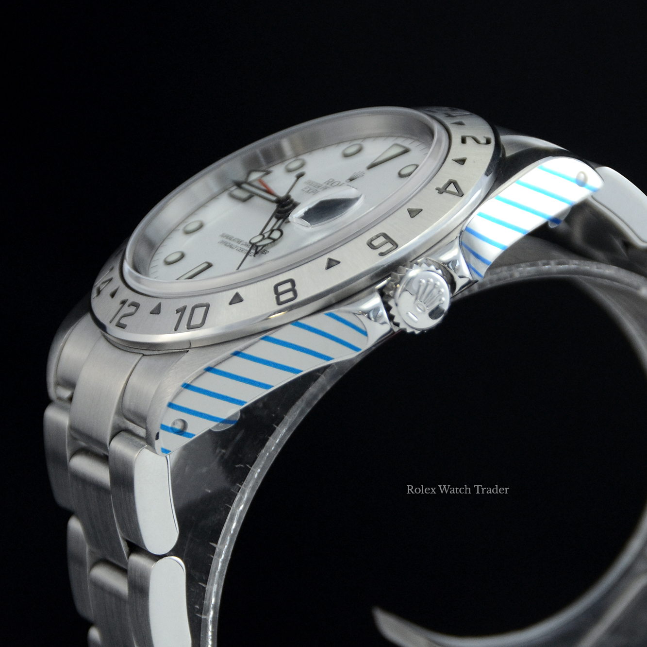 Crown detail Rolex Explorer II 16570 40mm White Dial Serviced by Rolex Unworn Since For Sale Available Purchase Buy Online with Part Exchange or Direct Sale Manchester North West England UK Great Britain Buy Today Free Next Day Delivery Warranty Luxury Watch Watches