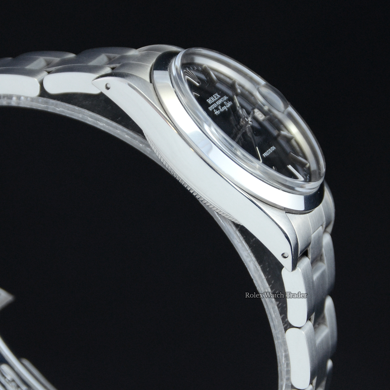 Non-winder case side detail Rolex Air King Date 5700 Black Dial For Sale Available Purchase Buy Online with Part Exchange or Direct Sale Manchester North West England UK Great Britain Buy Today Free Next Day Delivery Warranty Luxury Watch Watches