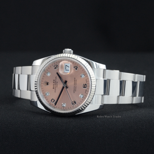 Rolex Oyster Perpetual Date 115234 Pink Dial 2020 complete set For Sale Available Purchase Buy Online with Part Exchange or Direct Sale Manchester North West England UK Great Britain Buy Today Free Next Day Delivery Warranty Luxury Watch Watches