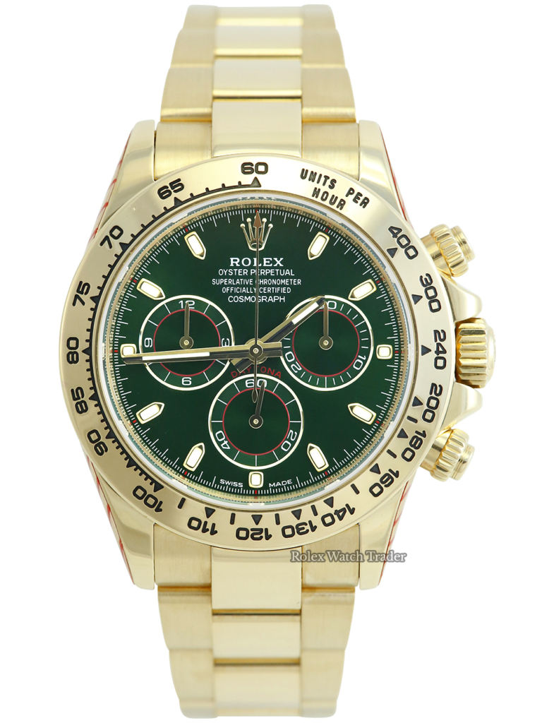 Rolex Daytona 116508 Yellow Gold Green Dial Serviced by Rolex Unworn Since Service Stickers For Sale Available Purchase Buy Online with Part Exchange or Direct Sale Manchester North West England UK Great Britain Buy Today Free Next Day Delivery Warranty Luxury Watch Watches