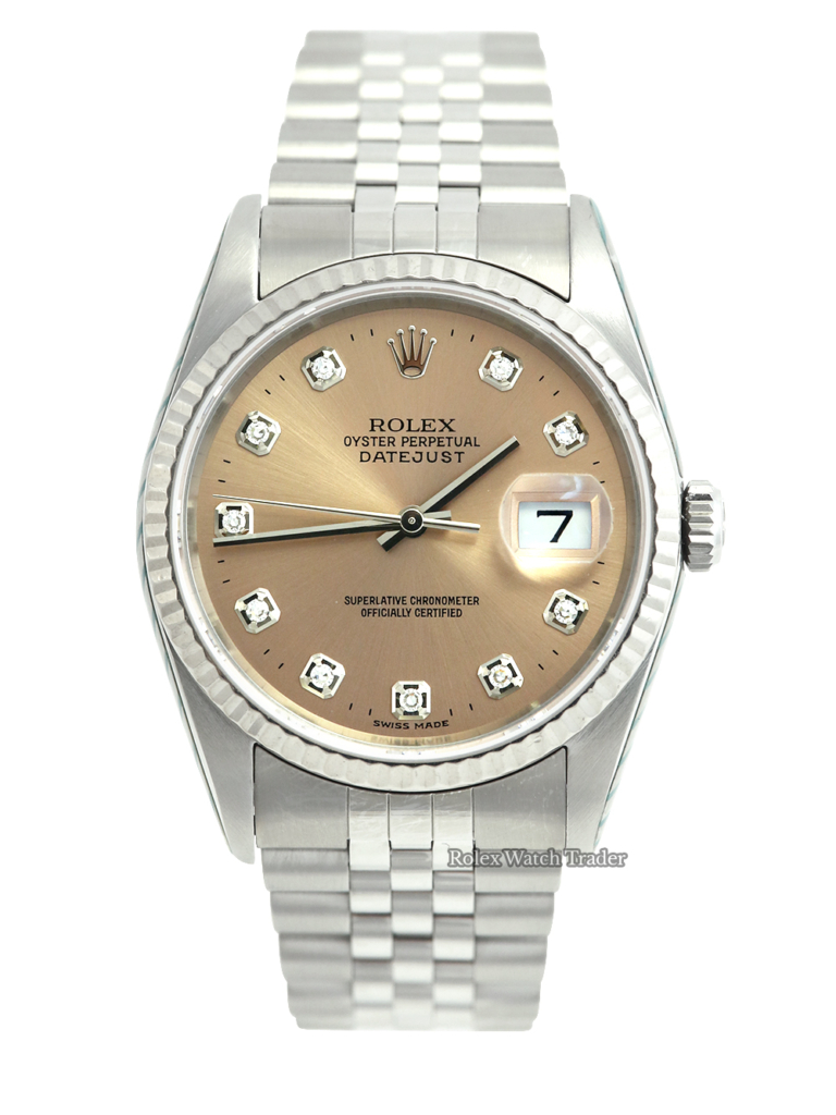 Rolex Datejust 36 Pink Diamond Dot Dial Serviced 02/23 by Rolex and Unworn Since For Sale Available Purchase Buy Online with Part Exchange or Direct Sale Manchester North West England UK Great Britain Buy Today Free Next Day Delivery Warranty Luxury Watch Watches