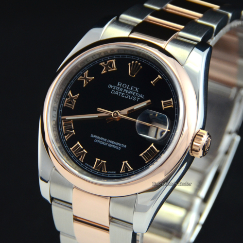 Rolex Datejust 36 116201 Bi-Met Stainless Steel and Rose Gold Black Roman Numeral Dial For Sale Available Purchase Buy Online with Part Exchange or Direct Sale Manchester North West England UK Great Britain Buy Today Free Next Day Delivery Warranty Luxury Watch Watches