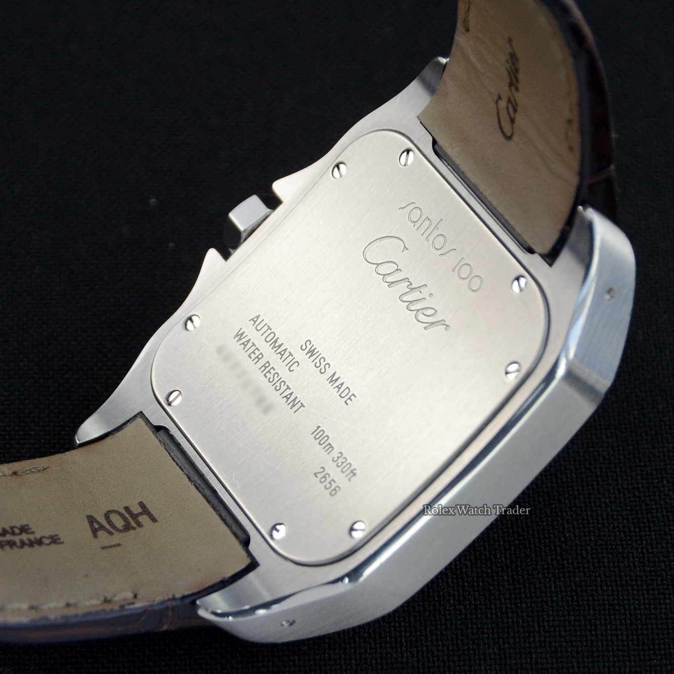 Case back detail Cartier Santos 100 Xl 2656 White Dial For Sale Available Purchase Buy Online with Part Exchange or Direct Sale Manchester North West England UK Great Britain Buy Today Free Next Day Delivery Warranty Luxury Watch Watches