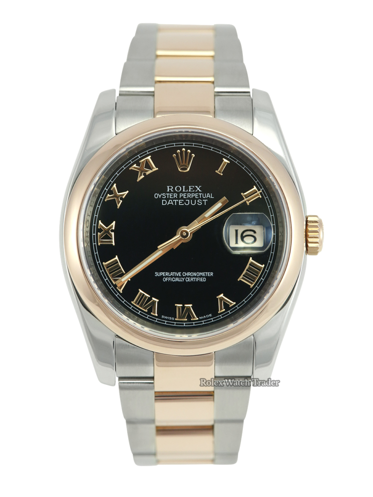 Rolex Datejust 36 116201 Bi-Met Stainless Steel and Rose Gold Black Roman Numeral Dial For Sale Available Purchase Buy Online with Part Exchange or Direct Sale Manchester North West England UK Great Britain Buy Today Free Next Day Delivery Warranty Luxury Watch Watches