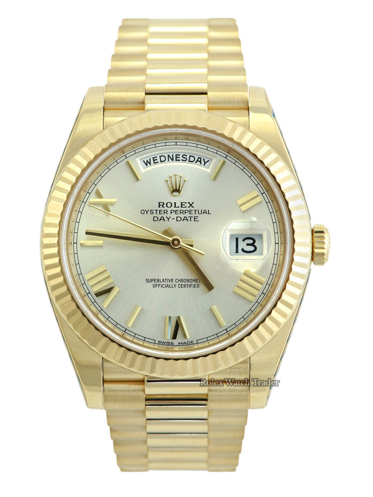 Rolex Day-Date 40 Silver Roman Numeral Dial Serviced by Rolex Service Stickers Unworn Since For Sale Available Purchase Buy Online with Part Exchange or Direct Sale Manchester North West England UK Great Britain Buy Today Free Next Day Delivery Warranty Luxury Watch Watches
