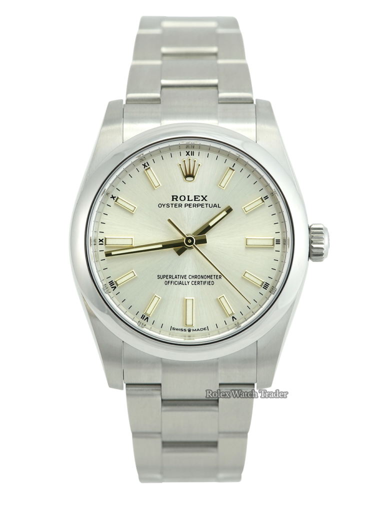 Rolex Oyster Perpetual 34 34mm 124200 Silver Dial Unworn Complete Set For Sale Available Purchase Buy Online with Part Exchange or Direct Sale Manchester North West England UK Great Britain Buy Today Free Next Day Delivery Warranty Luxury Watch Watches
