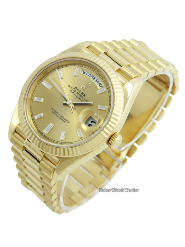 Rolex Day-Date 40 228238 Champagne Baguette Diamond Hour Markers For Sale Available Purchase Buy Online with Part Exchange or Direct Sale Manchester North West England UK Great Britain Buy Today Free Next Day Delivery Warranty Luxury Watch Watches