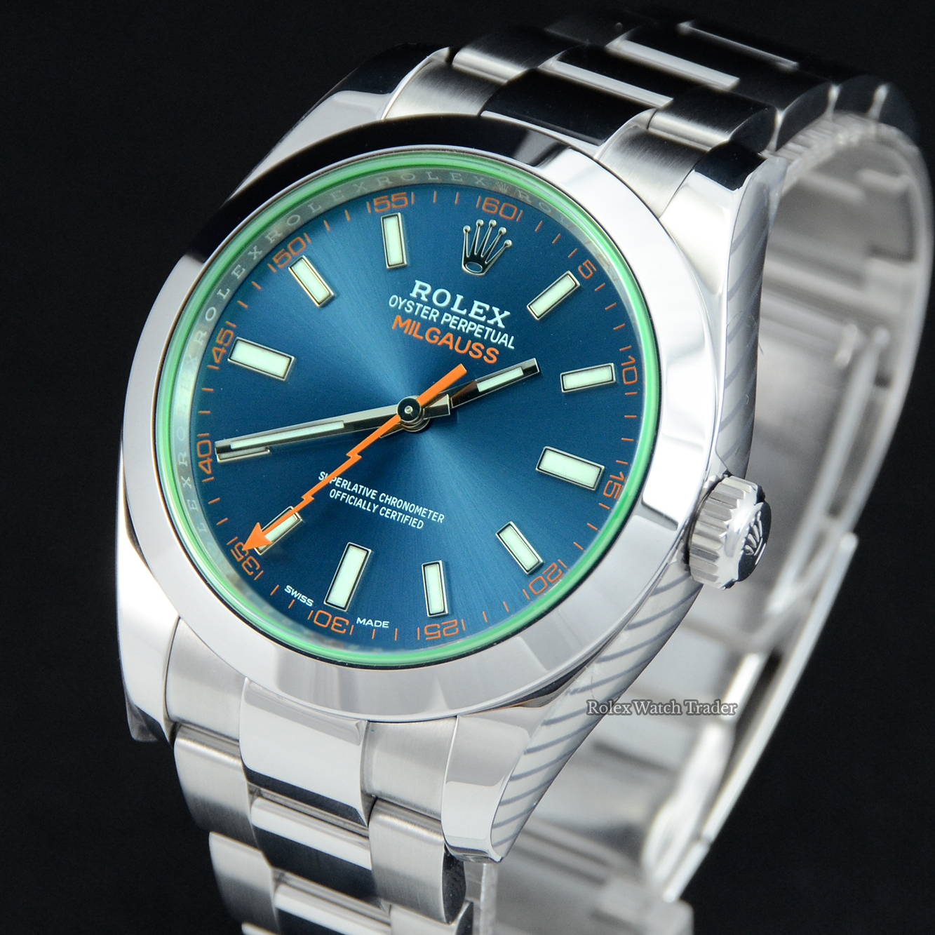 Dial detail, facing left Rolex Milgauss 116400GV Blue Dial Serviced by Rolex Unworn with Service Stickers For Sale Available Purchase Buy Online with Part Exchange or Direct Sale Manchester North West England UK Great Britain Buy Today Free Next Day Delivery Warranty Luxury Watch Watches